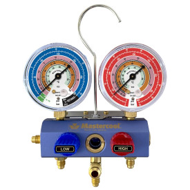 58103-EB: R410A R407C R22 (gauge p/n EBH-EBL) manifold with gauges 2 x 1/4″ fittings, central tee 1/4″ SAE with branch 3/8″ MASTERCOOL USA