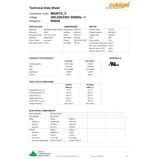 ΣΥΜΠΙΕΣΤΗΣ MS26TG 1 3/8ΗΡ HIGH R404 ELECTROLUX