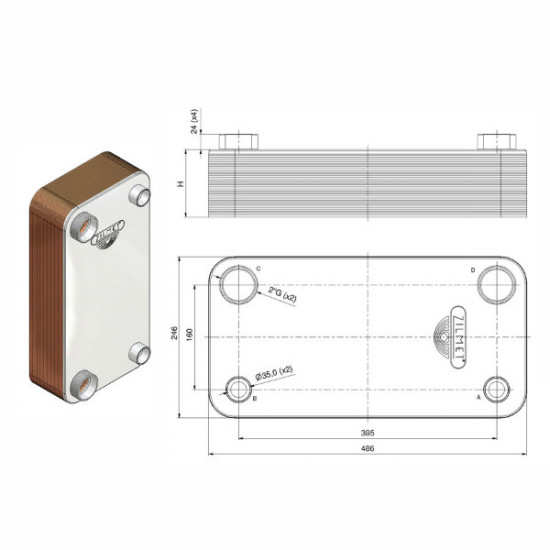 Heat Exchanger ZC450*40P, suitable also with R410a, 35mm OD-2"NPT, 48ΚW,  "ZILMET"